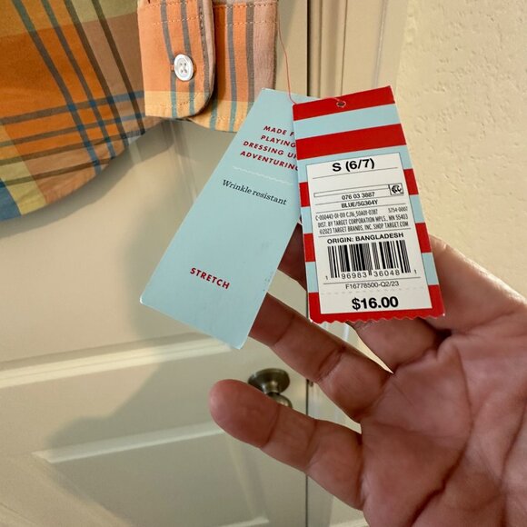 Boys Cat & Jack Orange & Blue Plaid Button-Up Stretch Shirt Size S (6/7) 100% Co - Picture 4 of 6